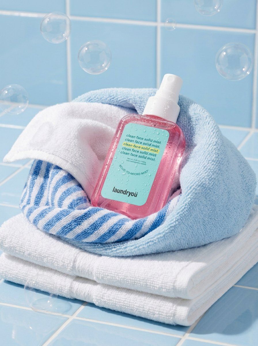 A translucent pink facial mist spray bottle with a white cap, covered i…