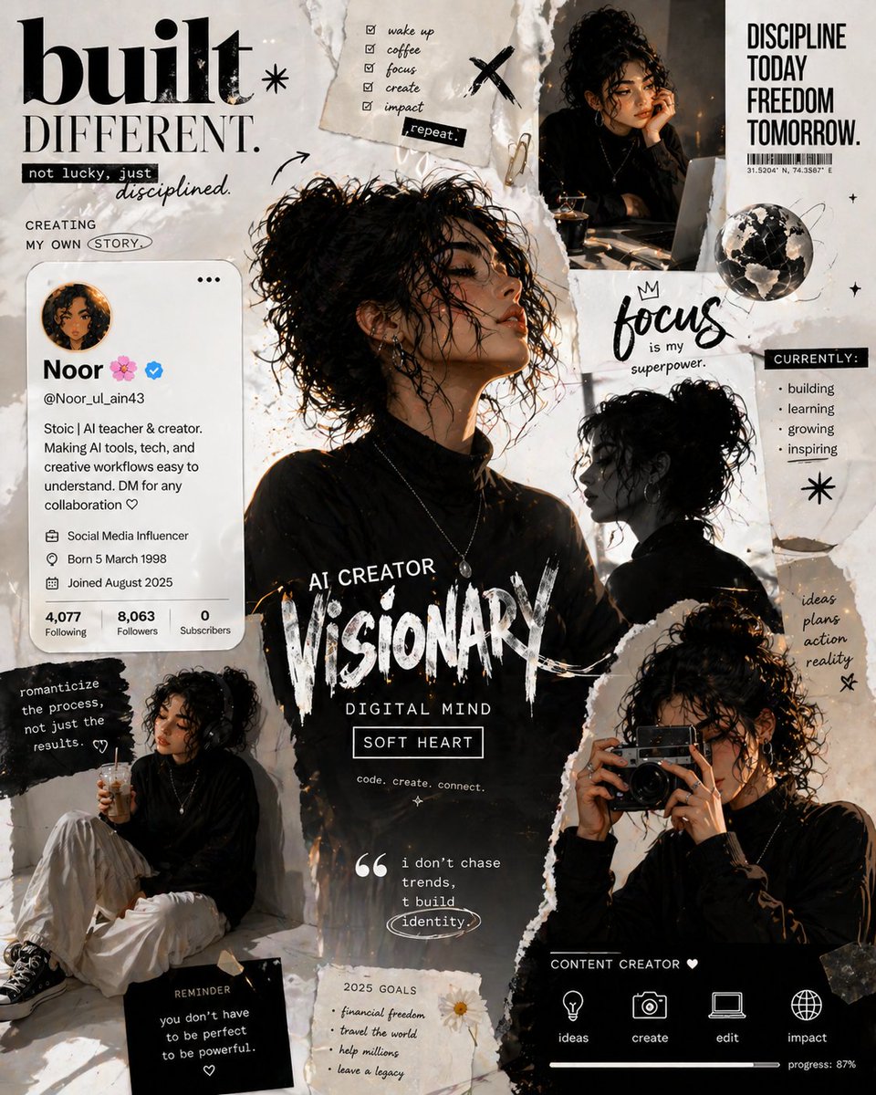 A bold, editorial-style digital collage in a monochrome white and beige…