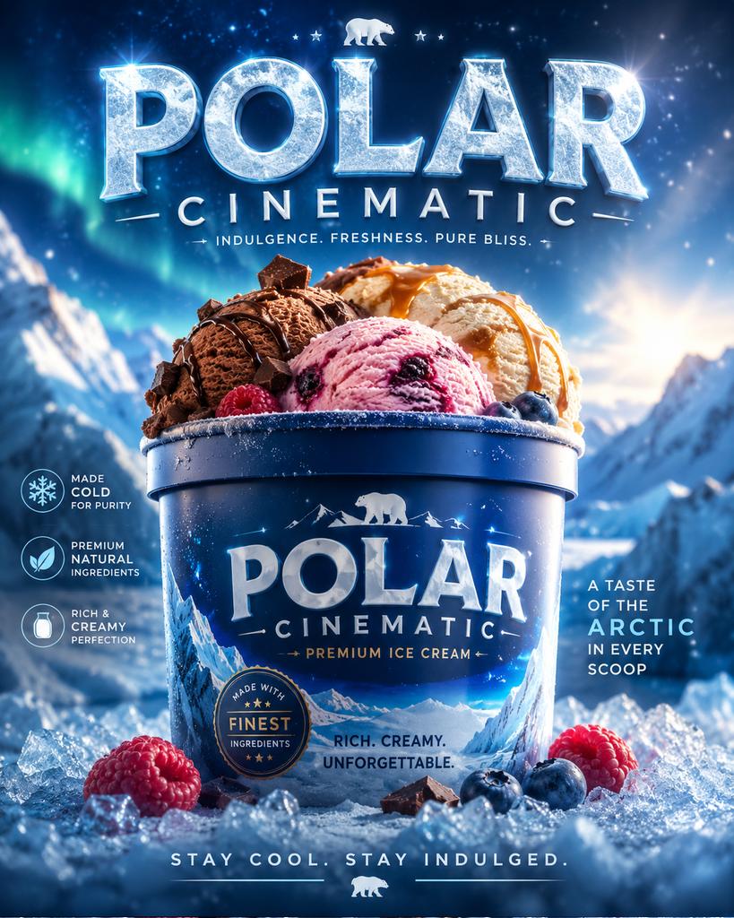 Create a captivating advertisement featuring a photo container of ice c…