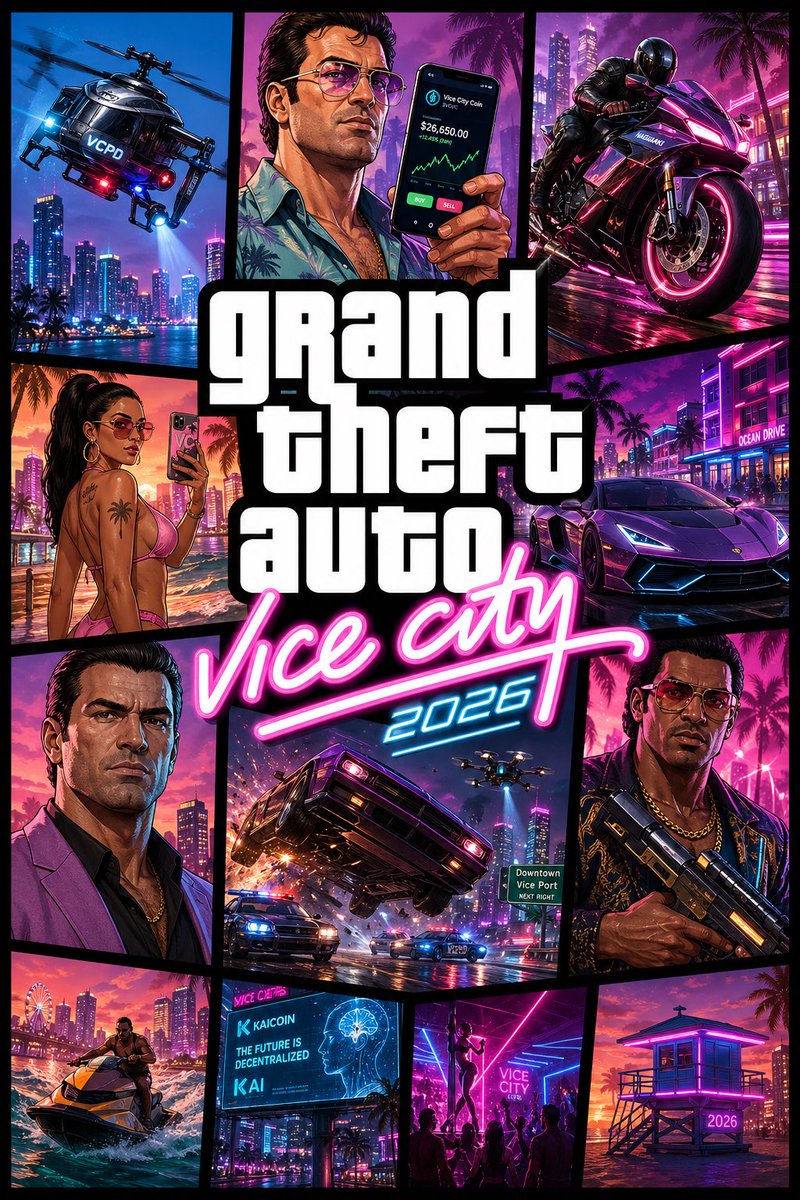 Create a stylized AAA video game key art poster. CONCEPT: “Vice City 20…