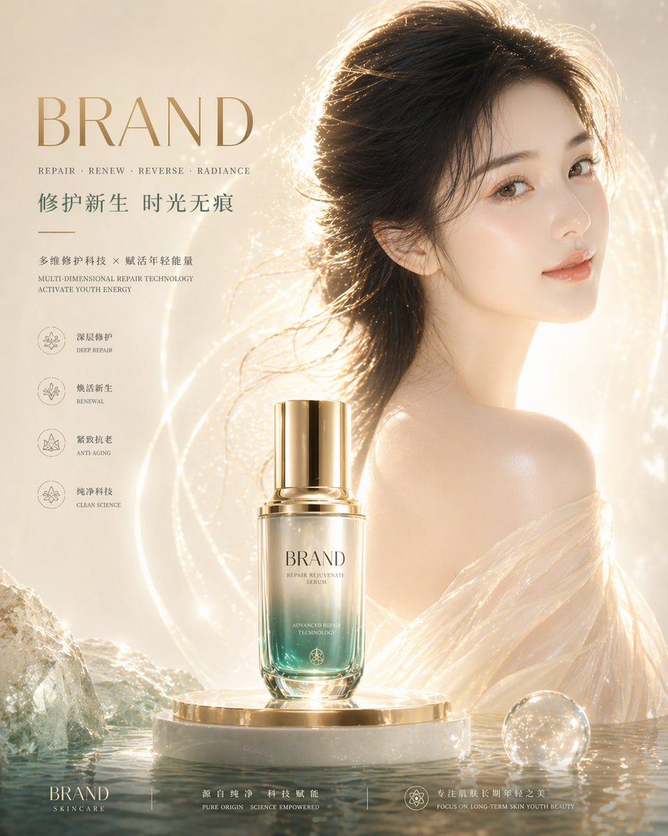 重点强化皮肤质感： 肌肤通透白皙，真实细腻，毛孔隐约可见但干净，肤质均匀细滑，无瑕疵感，呈现健康水润光泽（dewy skin），高光集中在颧骨…