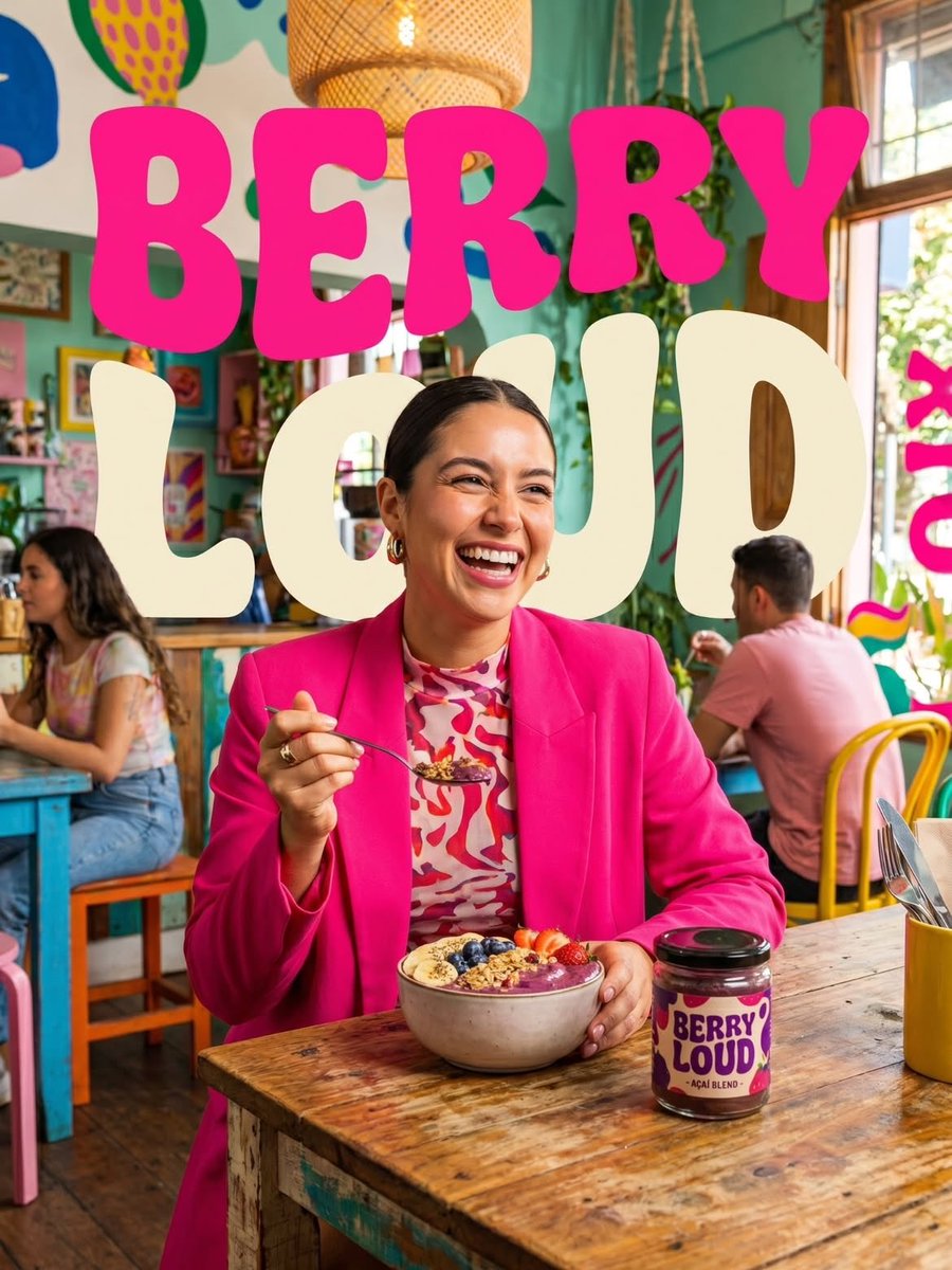 Vibrant lifestyle food advertisement, smiling woman in a bright hot pin…