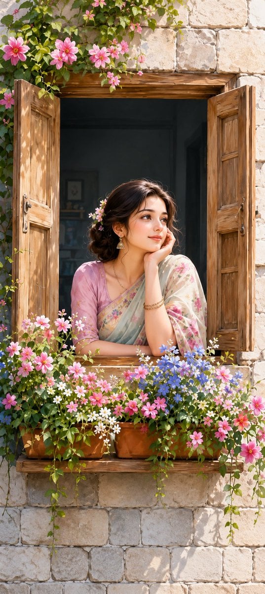 A beautiful young South Asian woman leaning on a rustic wooden window o…