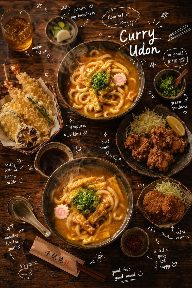 Overhead cinematic food photography of a comforting Japanese curry udon…