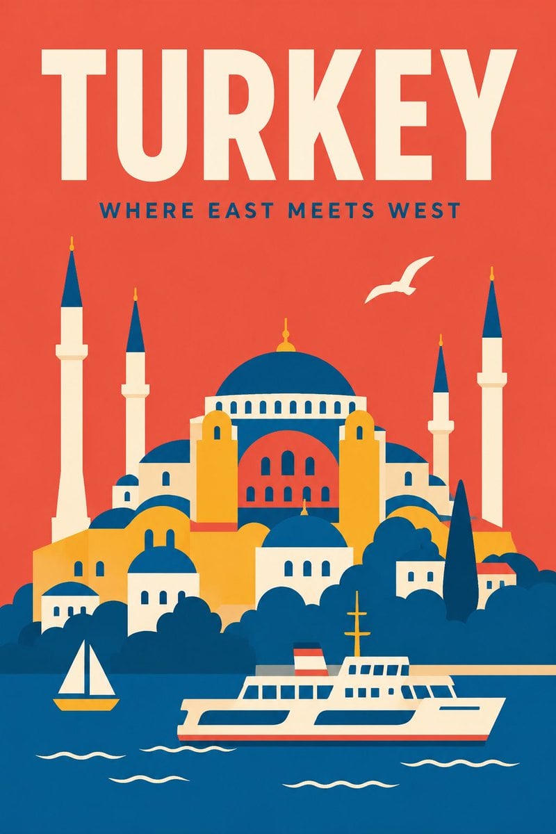 A flat minimalist travel poster for the city of [City Name], featuring …