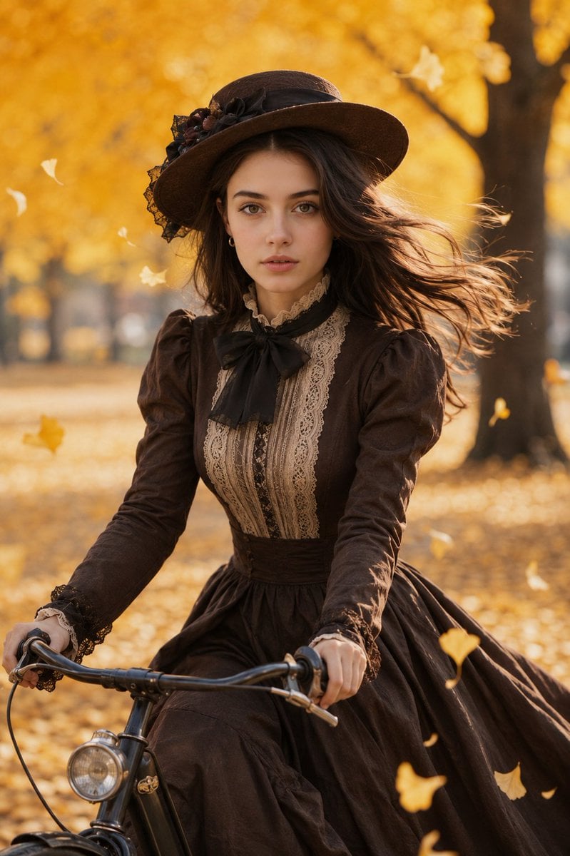 An ultra-realistic, cinematic portrait of a beautiful young woman ridin…