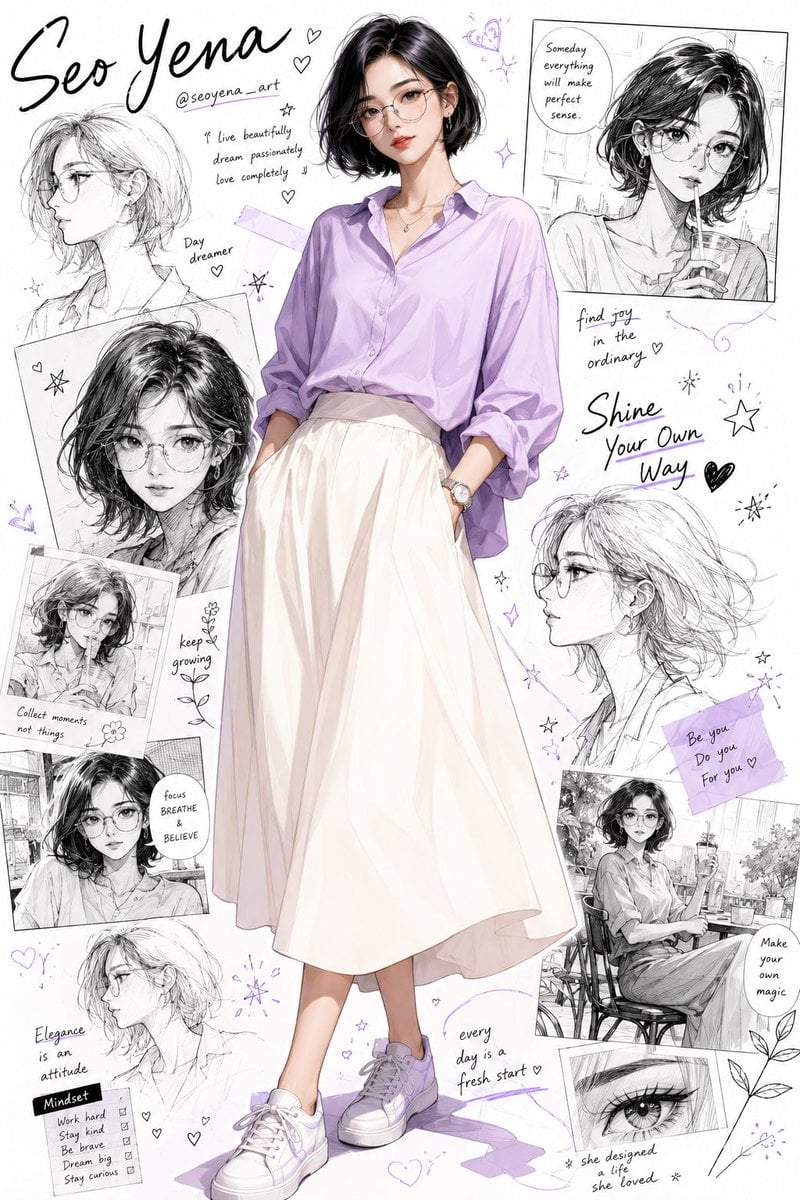 Semi-realistic anime-inspired portrait of a stylish young Korean woman …