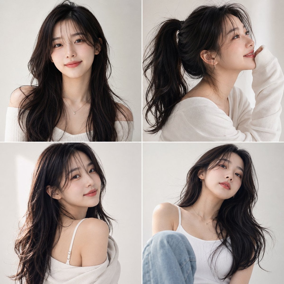 Photorealistic Korean beauty portrait of a cute young woman with long w…
