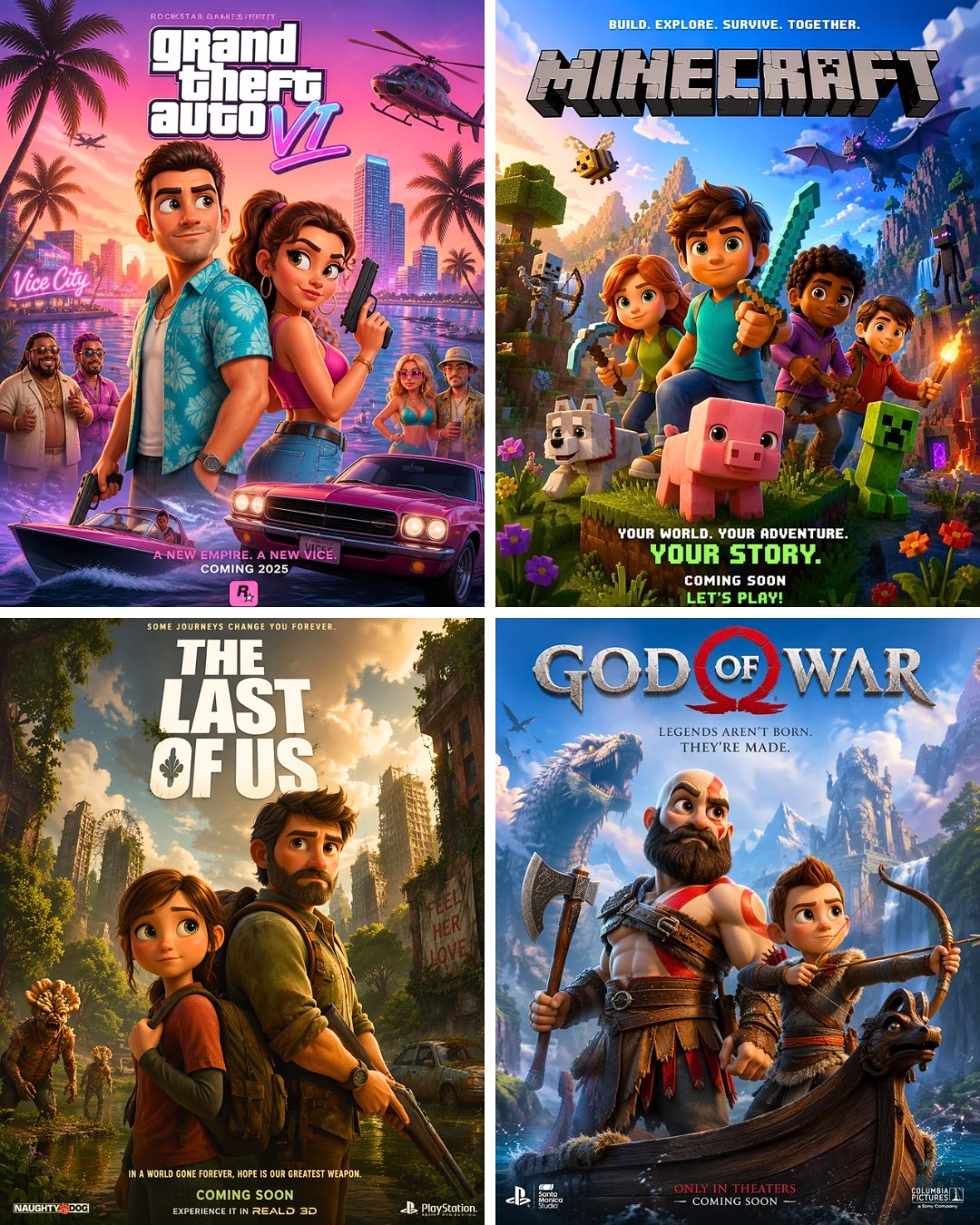 Pixar-style movie poster reimagining of the video game [VIDEO GAME]. Fe…