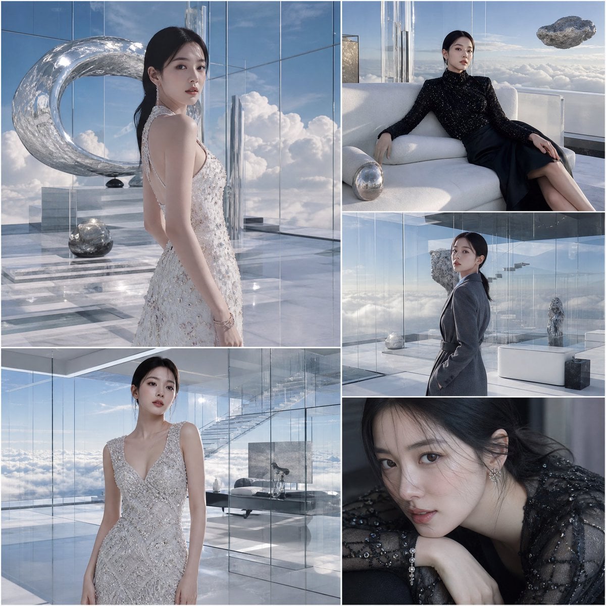 A luxury fashion collage featuring a stylish Korean female celebrity in…