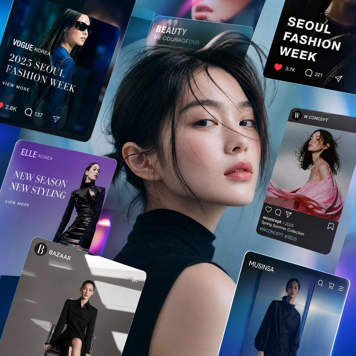 Luxury fashion editorial where a giant crystal prism contains multiple …