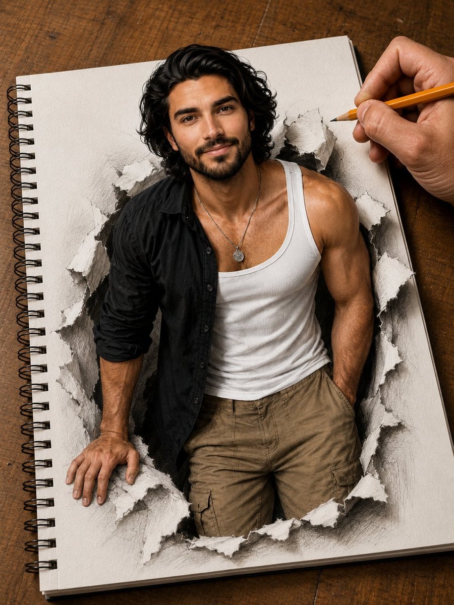Hyper-detailed photorealistic illustration of a handsome young man brea…