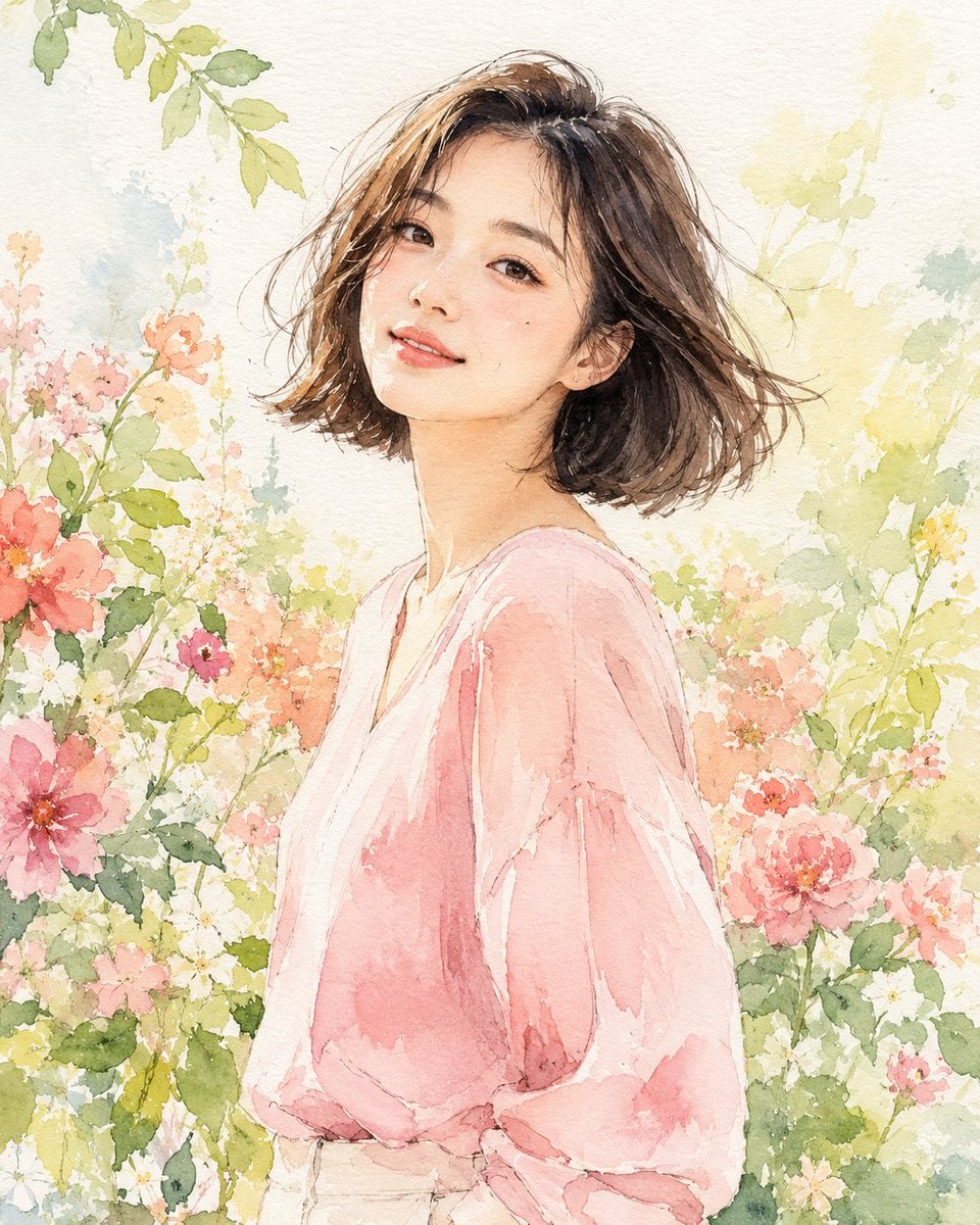 Fashion editorial watercolor portrait illustration of a young Korean ma…