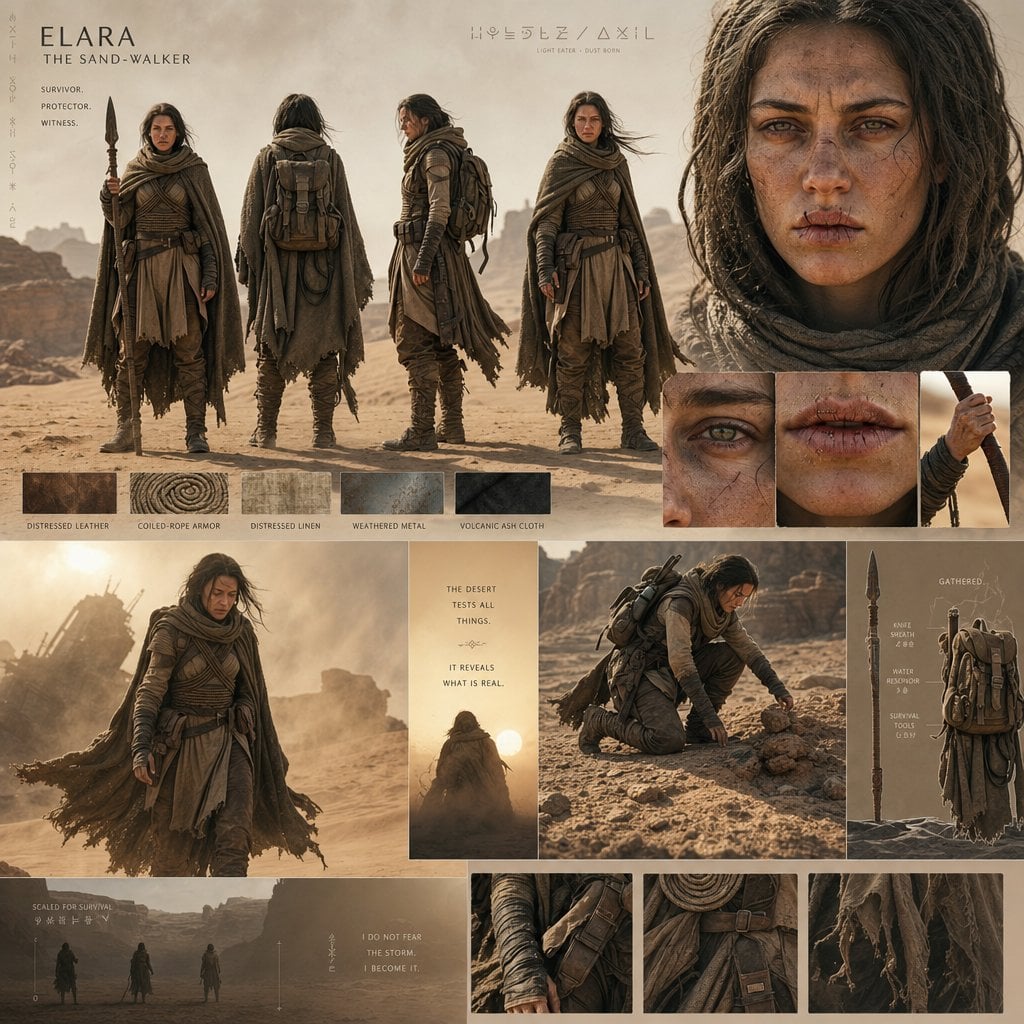 An epic desert-world cinematic character board with monumental scale an…
