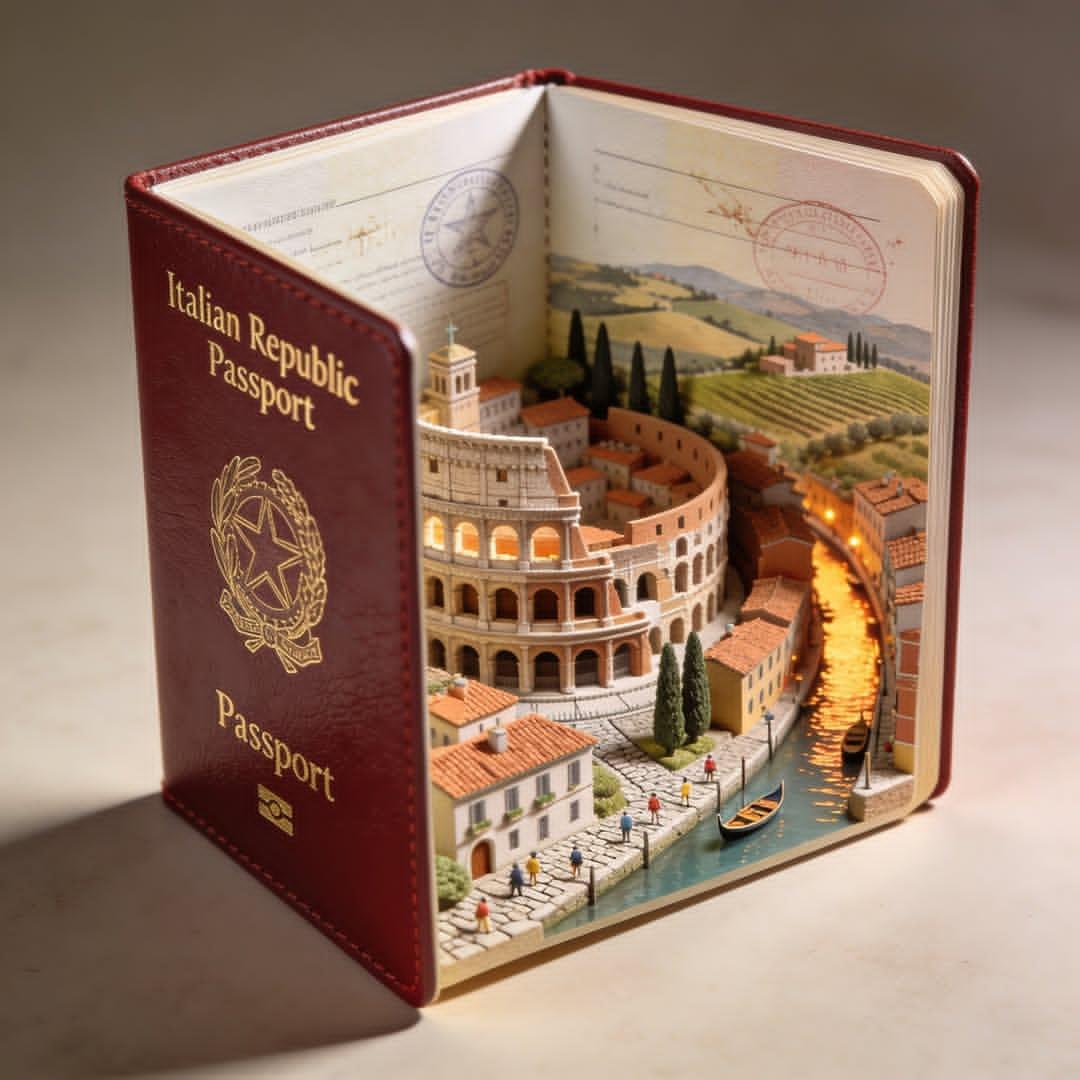 Hyper-realistic open [COUNTRY] passport on a studio surface, with gold-…