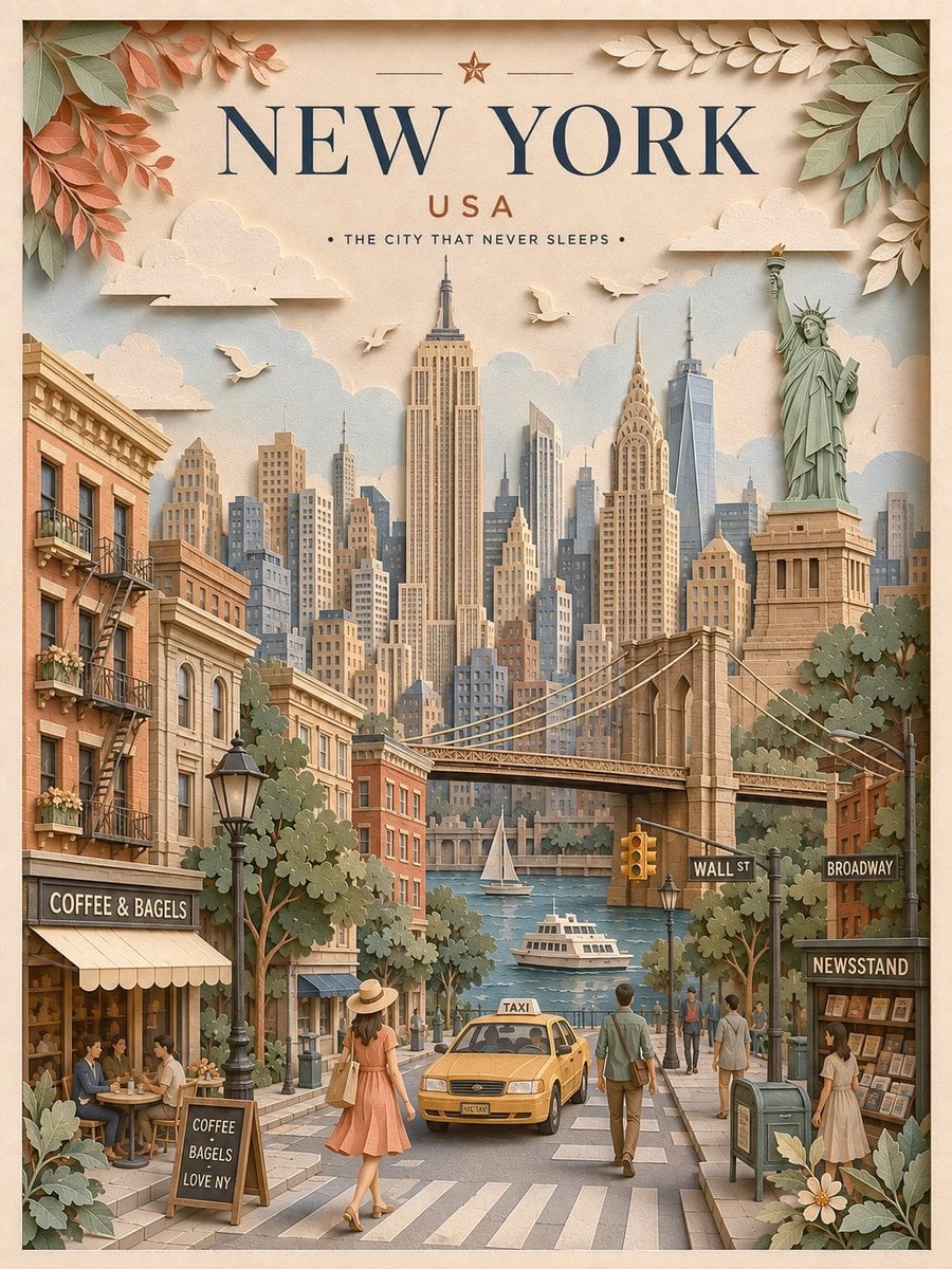 Create a highly detailed vertical travel poster in an elegant 3D layere…