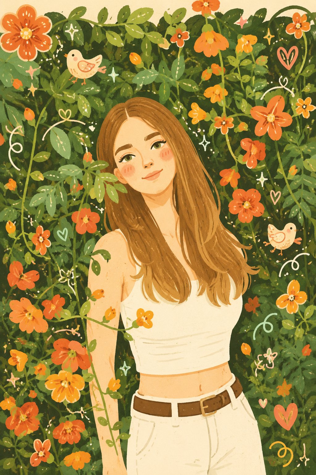 Transform this photo into a whimsical folk flat illustration with doodl…