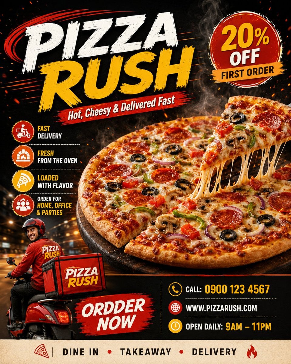 Create a premium commercial advertising poster for a pizza delivery ser…