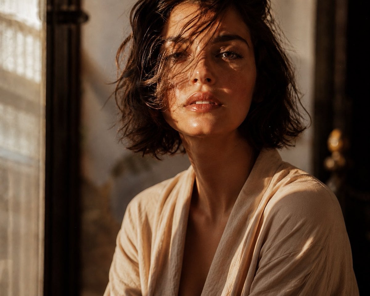Cinematic editorial close-up of an elegant young woman with a tousled c…