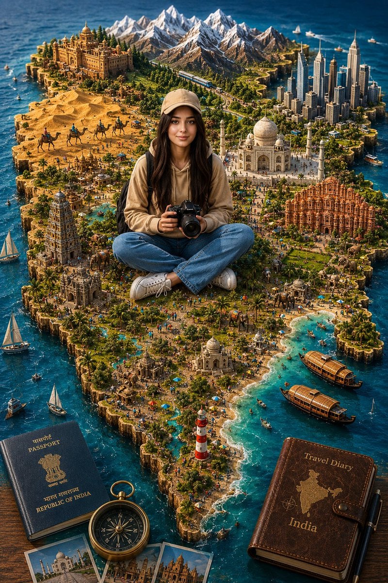 A highly detailed 3D miniature travel diorama of India shaped as a real…