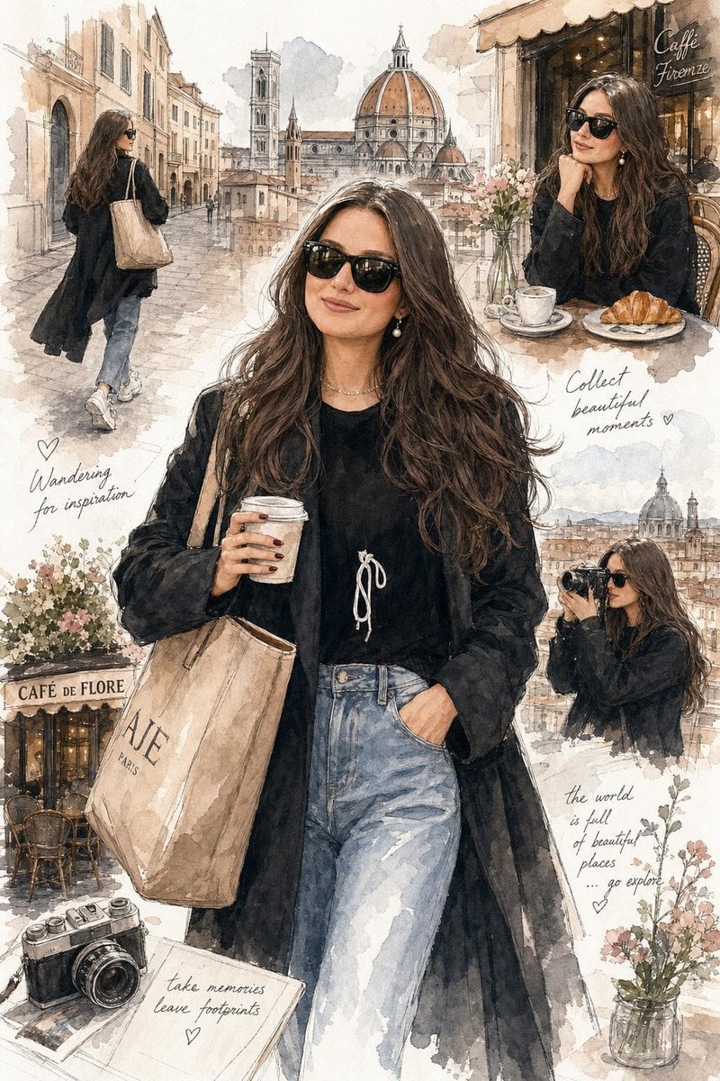 Elegant watercolor fashion illustration of a stylish young woman explor…