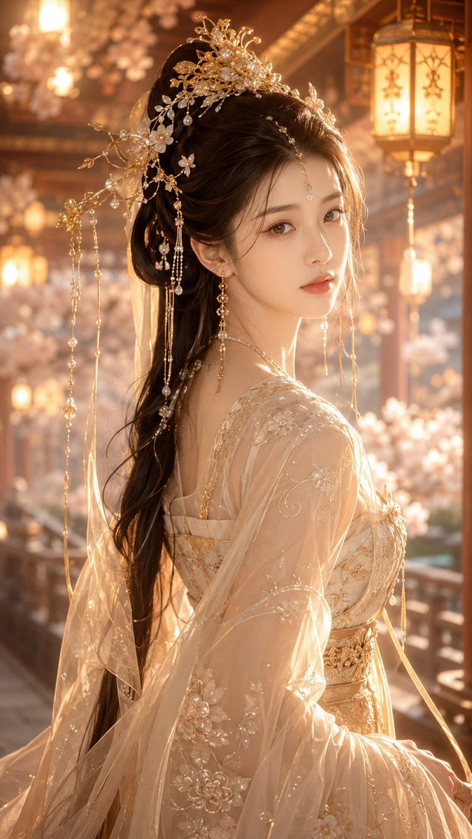 9:16竖版，古风仙侠精修写真，高精度东方幻想女性人像，唐风幻想审美，古偶女主感，画面主体是一位明确成年的年轻东方女性，视觉年龄约22–26岁…