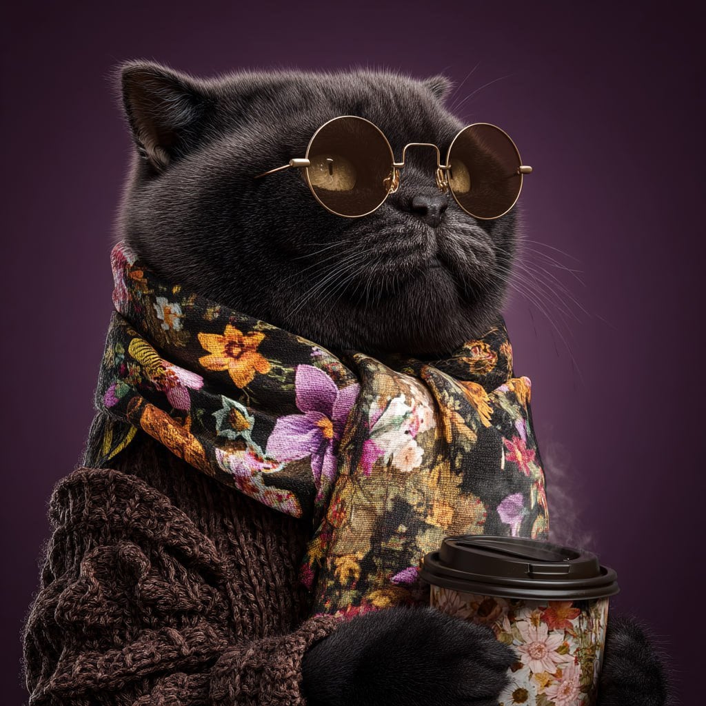 A black british shorthair cat wearing sunglasses and an elegant floral …