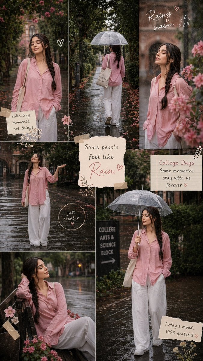 Create an ultra-realistic Pinterest-style rainy season collage in a ver…