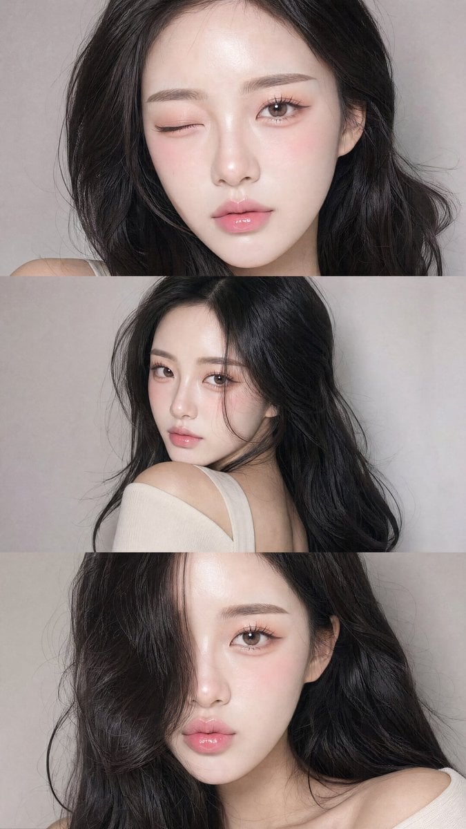 A vertical collage of three YZK photos. Using the uploaded selfie as th…