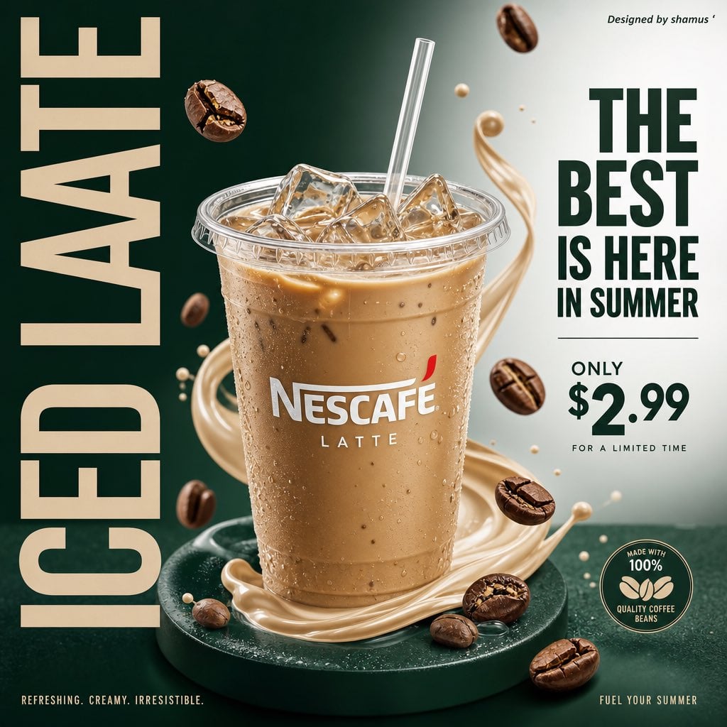 A modern commercial poster design for an iced NESCAFE latte. Centered c…