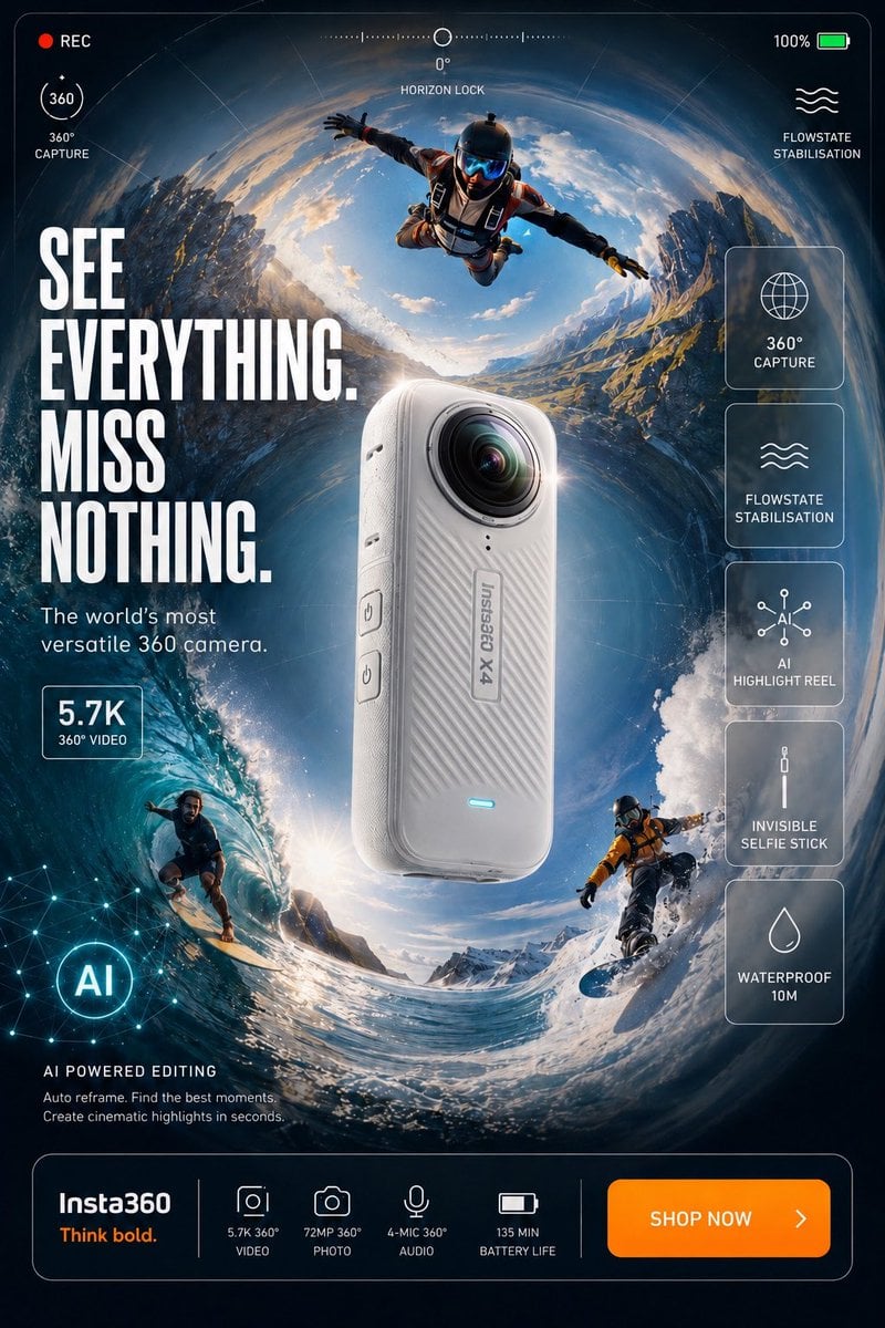 Ultra-high-end commercial product advertisement poster for GoPro HERO a…