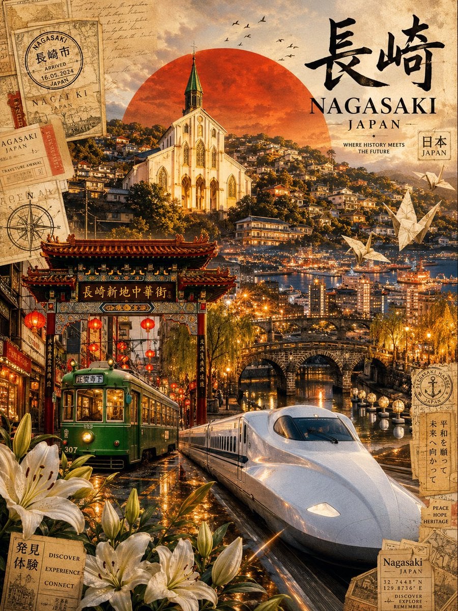 Ultra-viral cinematic travel poster of Nagasaki, Japan, designed for Pi…