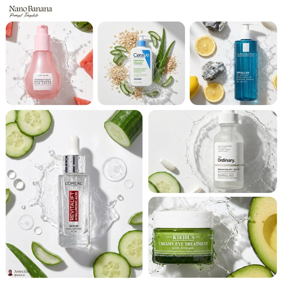 [Product], centered top down flat lay, surrounded by [Ingredients], fre…