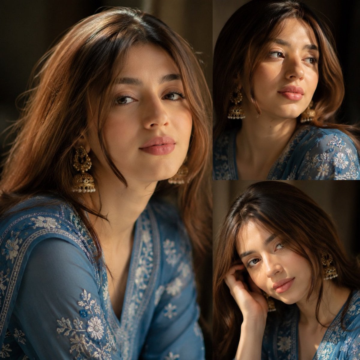 Ultra-realistic South Asian female portrait collage, three-photo layout…