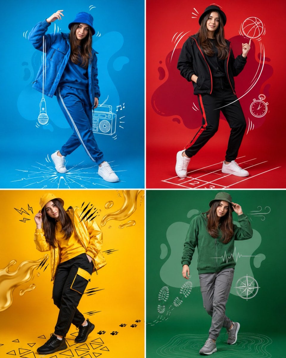 Create a high-end fashion advertising poster inspired by colorful sport…