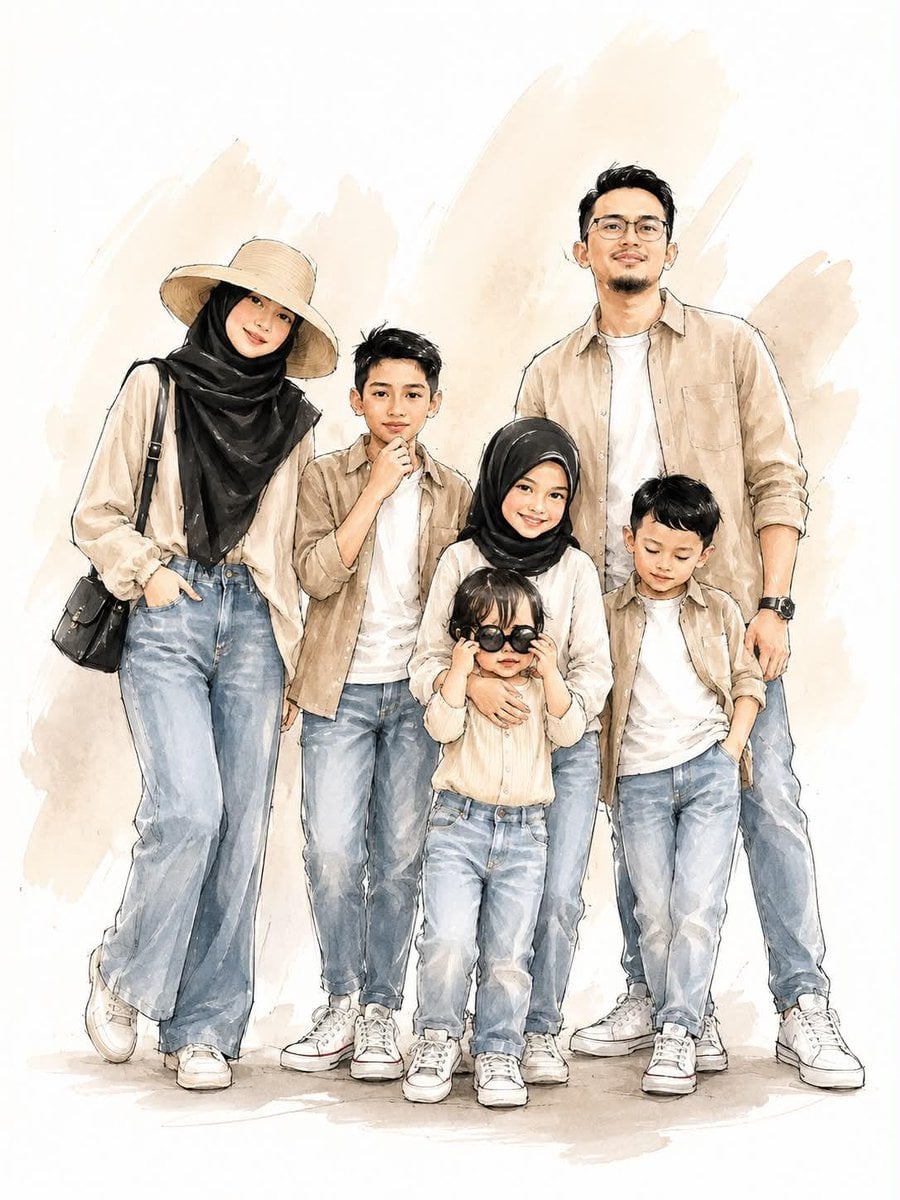 A stylish family standing together, digital watercolor and ink sketch i…