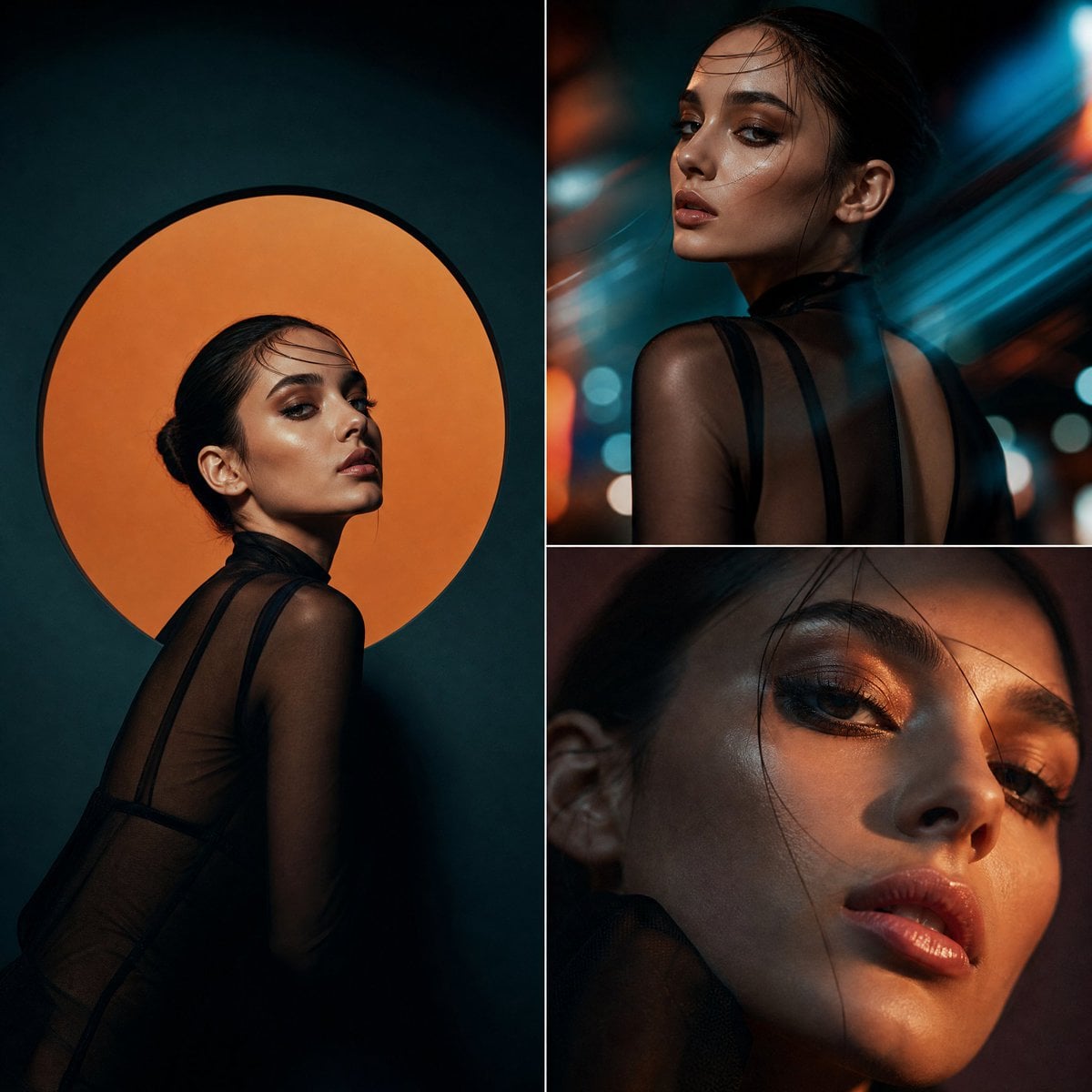 Cinematic hybrid fashion editorial combining studio and abstract street…