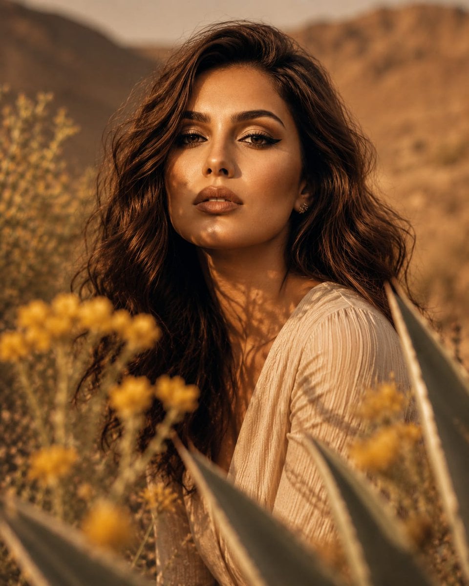 A luxury beauty editorial close-up of a confident young woman with shou…