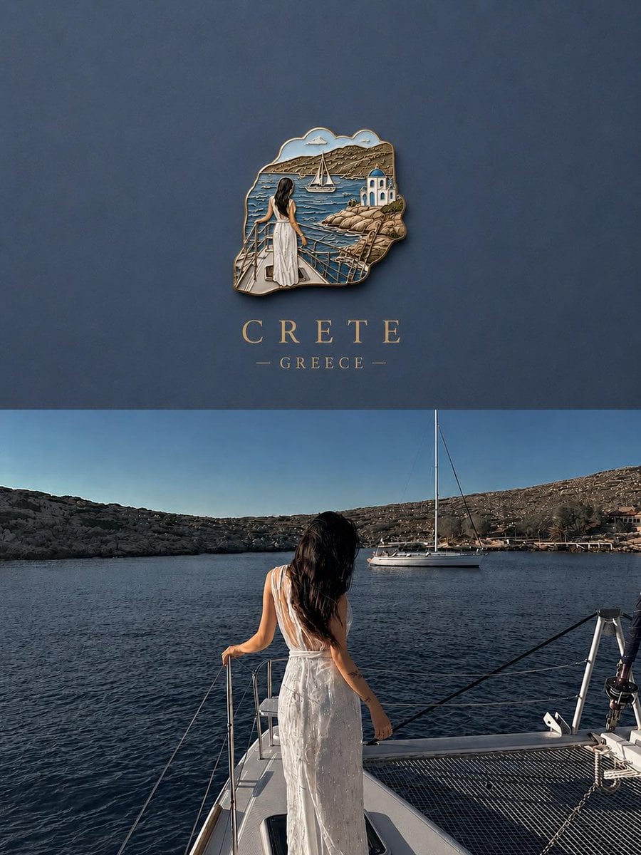 Create a premium travel poster featuring a miniature 3D souvenir badge …