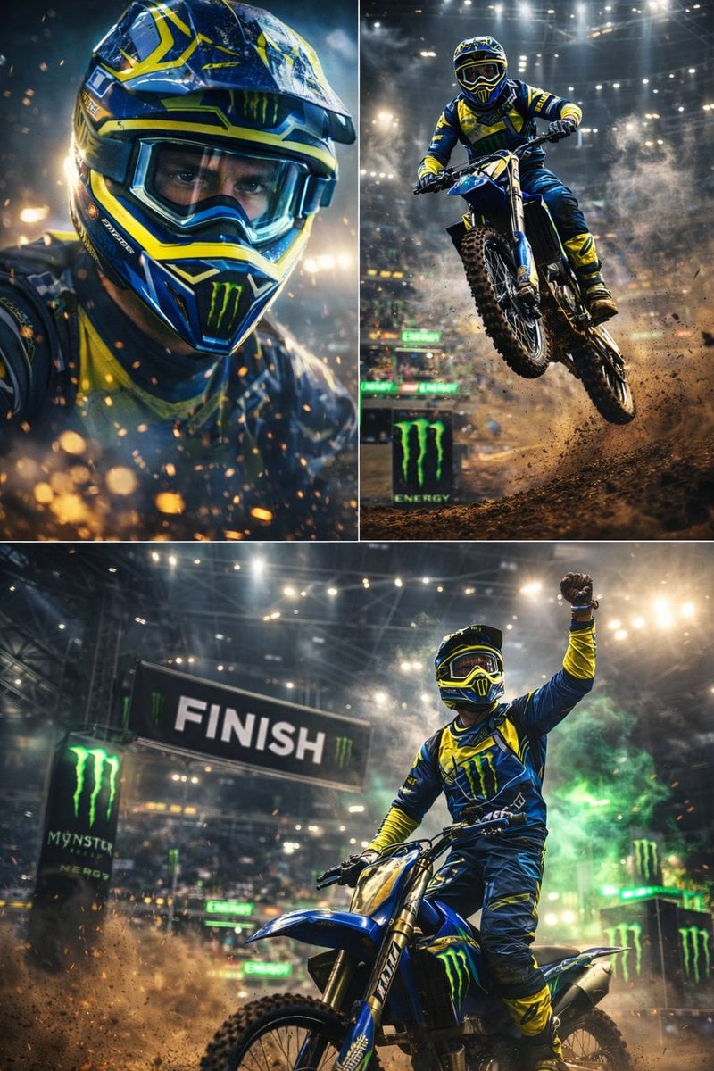 Ultra-dynamic motocross racing scene featuring a professional dirt bike…