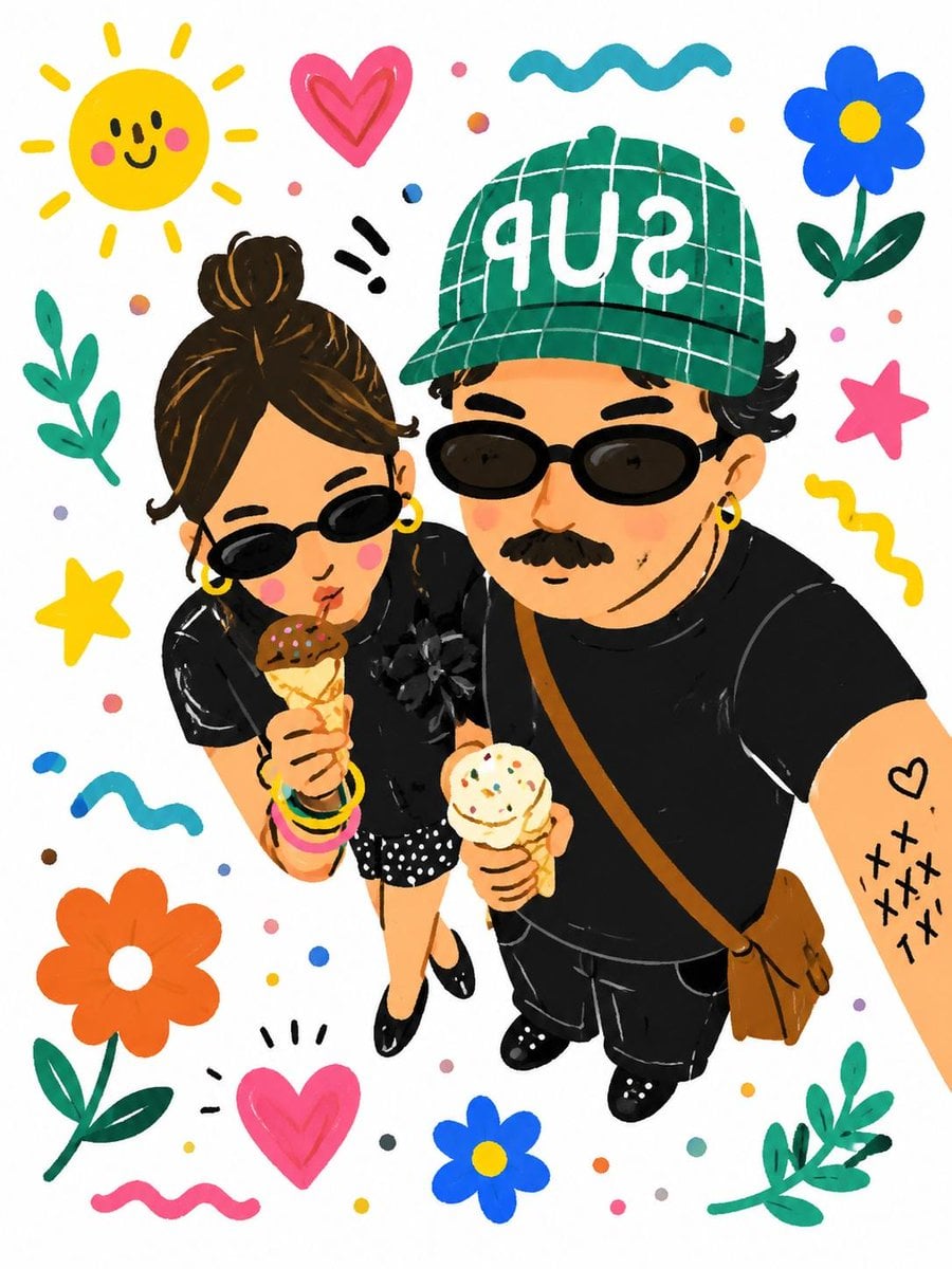Turn this real-life selfie into a playful hand-drawn cartoon illustrati…