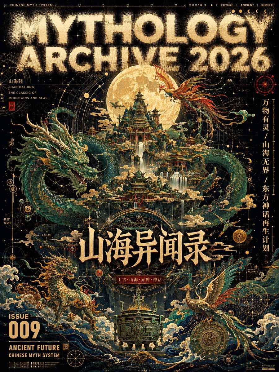生成一张【极繁主义矢量艺术杂志封面海报】，画幅为【竖版3:4/ 9:16 / 横版16:9】。 主题为【填写主题，例如：中国神话未来志/山海经…