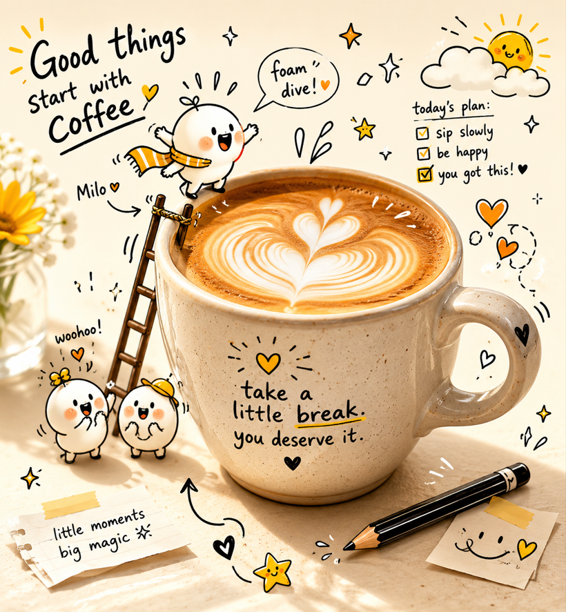 Subject: A realistic ceramic coffee cup with latte art Mood: Cozy, opti…