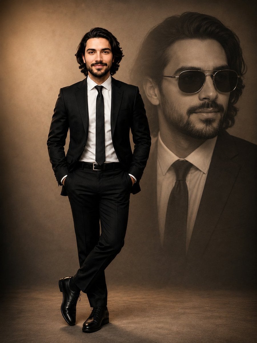 Portrait of a confident young man in a perfectly tailored black suit, w…
