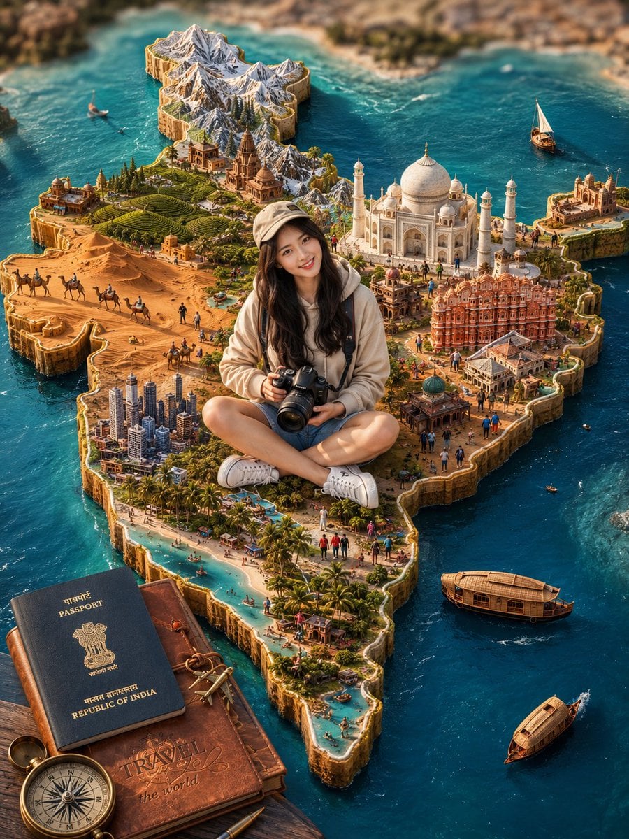 Highly detailed 3D miniature travel diorama of India shaped as a realis…