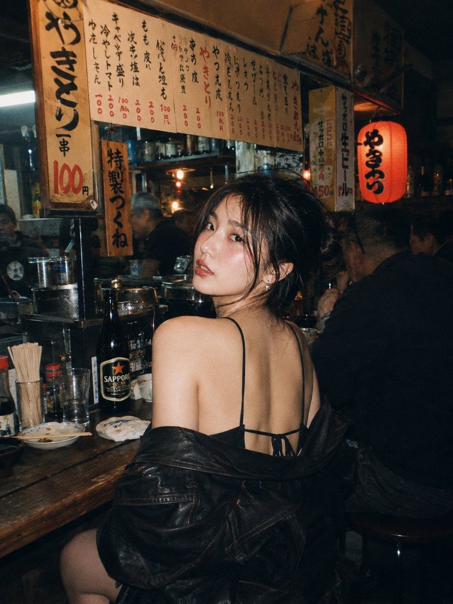 A beautiful young East Asian woman with long dark wavy hair and strikin…