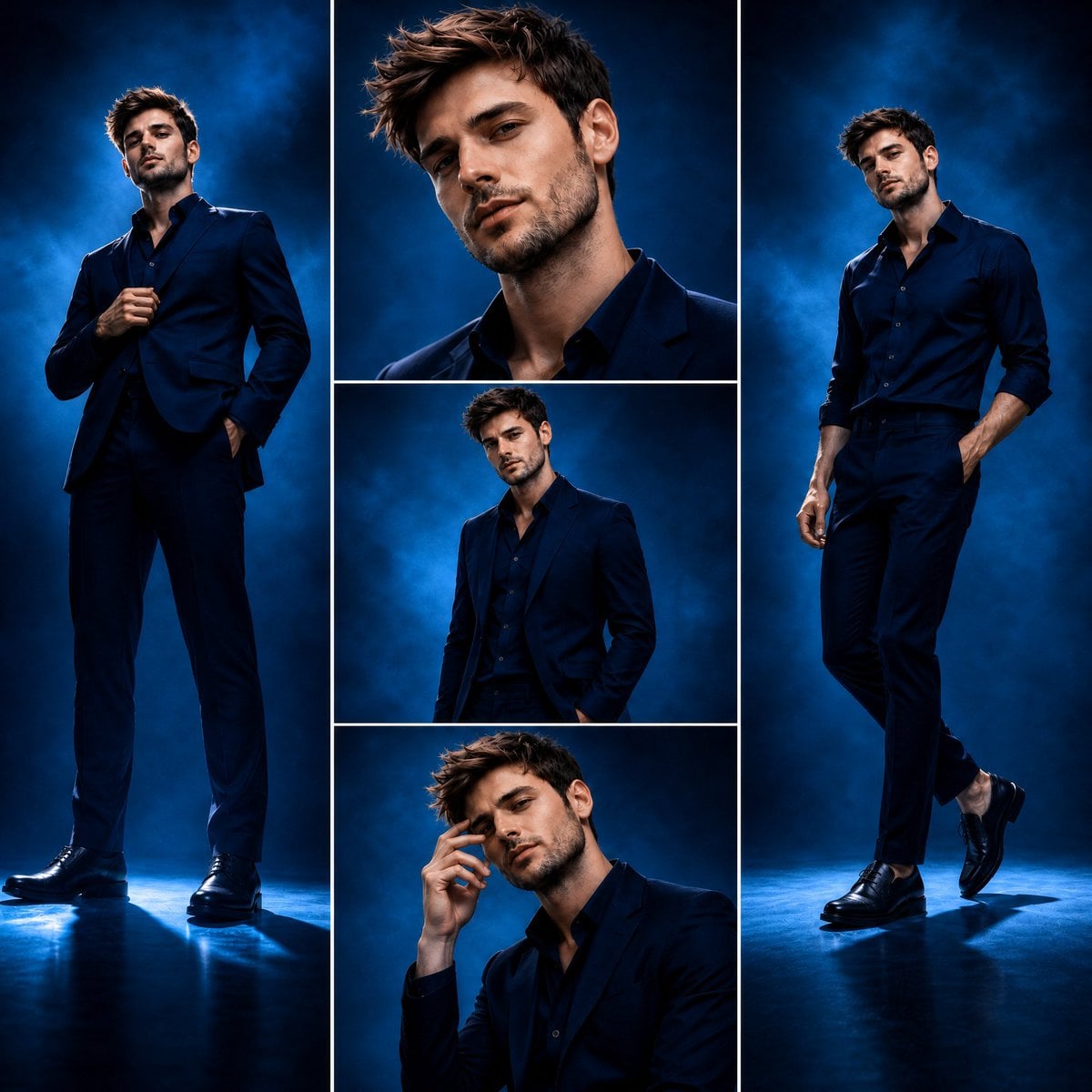 Aspect ratio 1:1. Luxury fashion editorial, three-panel composite layou…