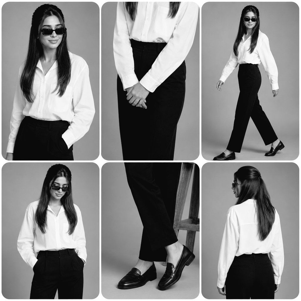 Create a premium black-and-white fashion editorial collage in a minimal…