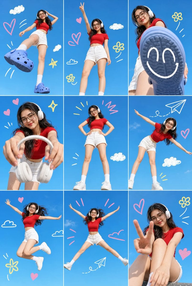 A 3x3 grid collage containing nine separate photos of a single young As…