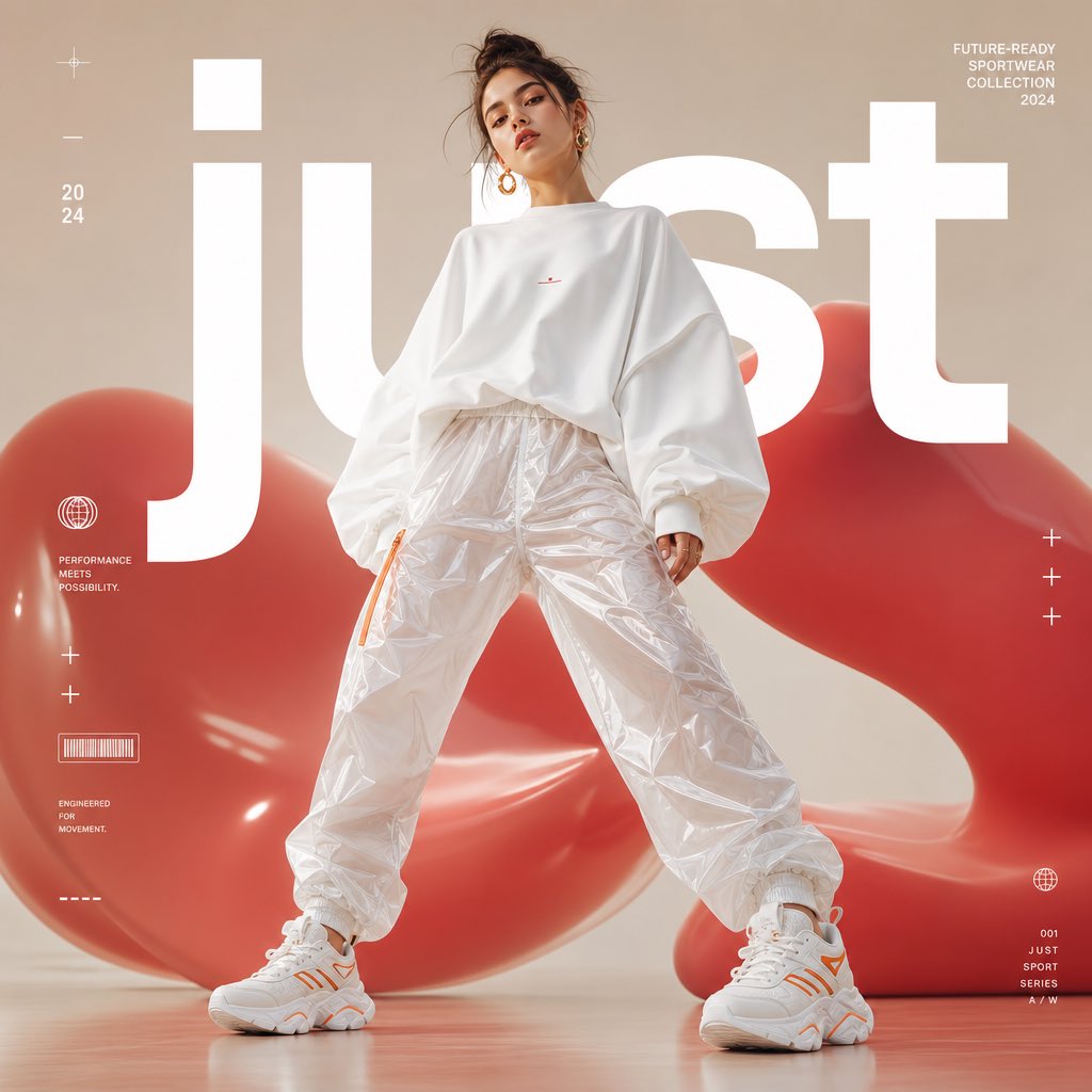High-fashion futuristic sportswear editorial poster. Full-body shot of …